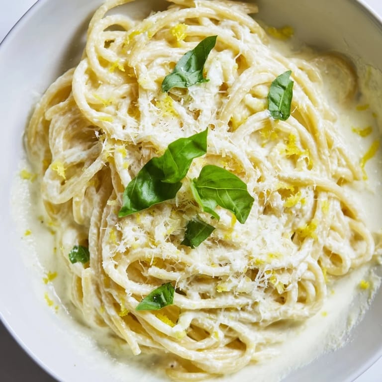 A close-up of steaming Lemon Ricotta Pasta in a shallow bowl, showing smooth sauce clinging to each noodle.