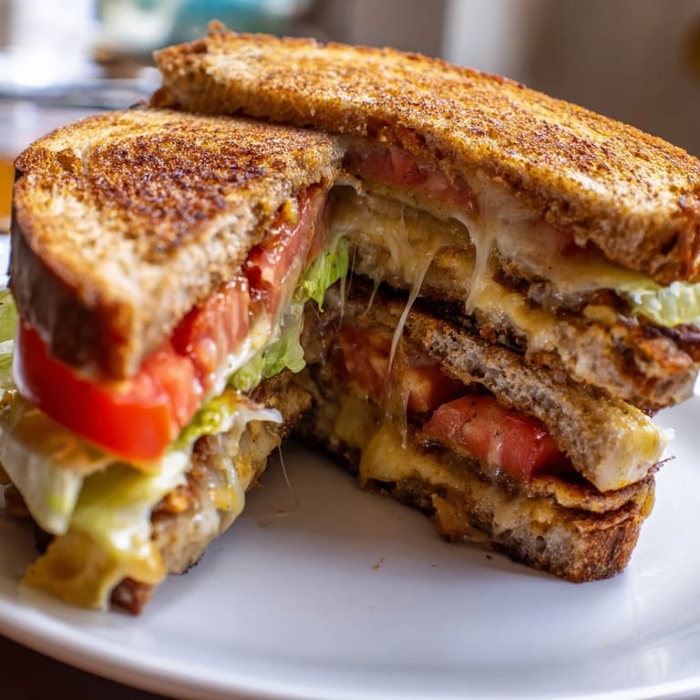 Vegan BLT grilled cheese on buttery sourdough, stacked with tempeh bacon and fresh veggies.  