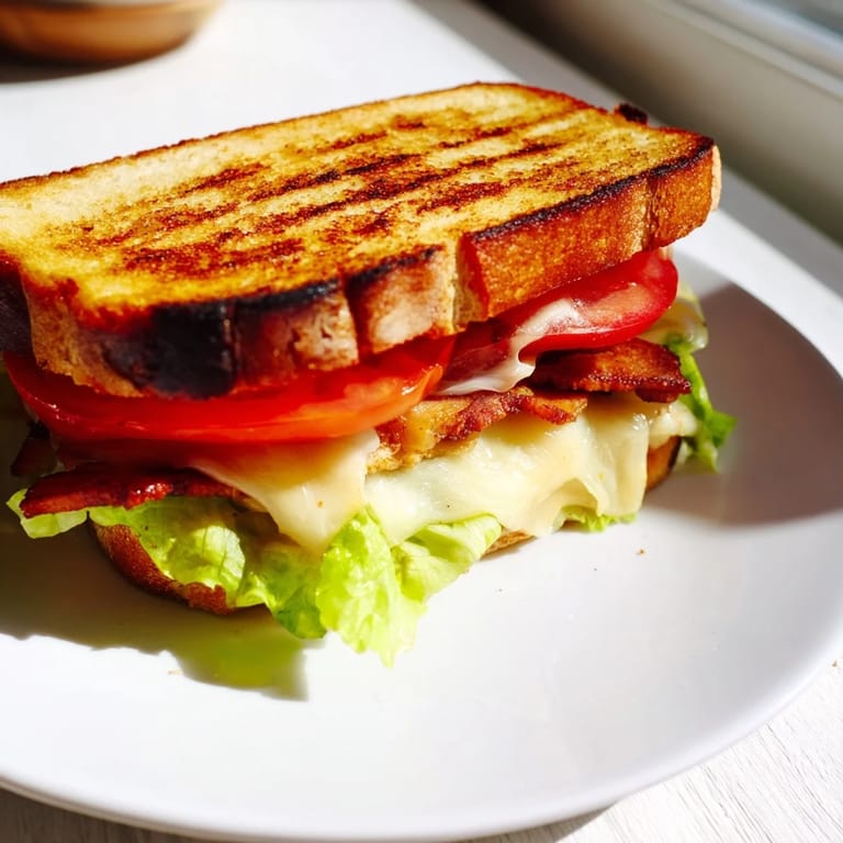 Plant-based grilled cheese sandwich featuring crispy tempeh bacon, ripe tomato, and vegan cheese.