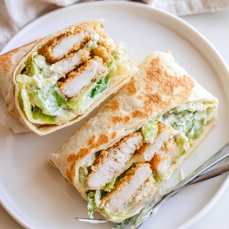 Hearty Crispy Chicken Caesar Wrap sliced in half, revealing layers of crunchy romaine, juicy fried chicken, and melted Parmesan, ready to be enjoyed with a squeeze of lemon.