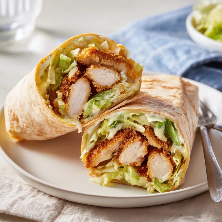 Homemade Crispy Chicken Caesar Wrap on a rustic plate, filled with golden-battered chicken, crisp greens, and rich Caesar dressing, offering a perfect handheld meal for busy weeknights.