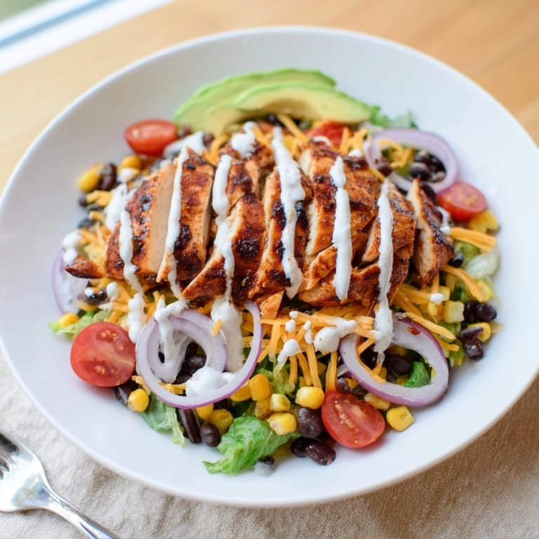 Sliced smoky BBQ chicken fanned over a colorful BBQ Chicken Salad with avocado, red onion, and a drizzle of cool ranch.