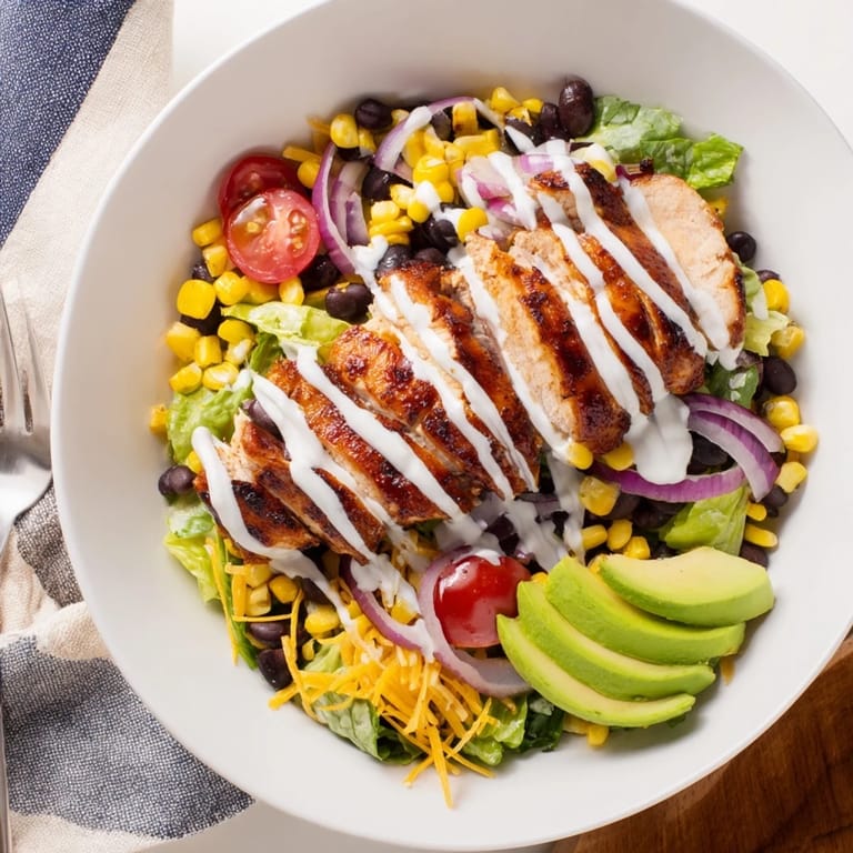 Hearty BBQ Chicken Salad topped with juicy grilled chicken, charred corn, black beans, cherry tomatoes, and a zesty ranch dressing.