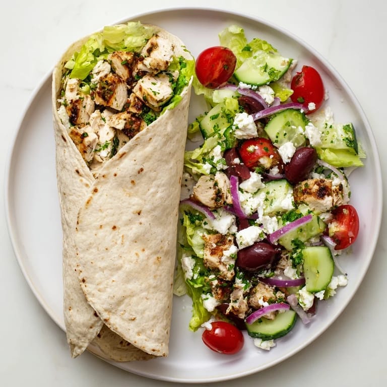 Perfect for a fresh Mediterranean lunch, this Greek Lemon Chicken Salad Wrap showcases vibrant colors and hearty textures.