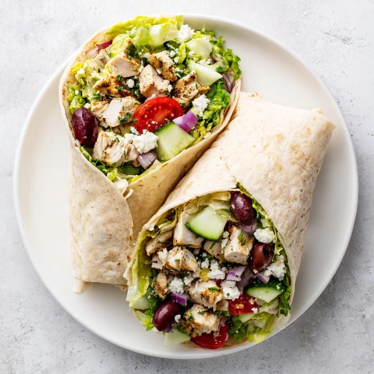 Ideal for quick meals, this Greek Lemon Chicken Salad Wrap features tender chicken and crunchy Greek salad in a soft tortilla.