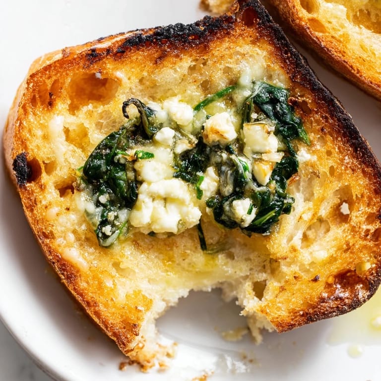 A close-up of a toasted Feta & Spinach Stuffed Grilled Cheese, with garlic-infused spinach and tangy feta peeking out from crispy sourdough bread.