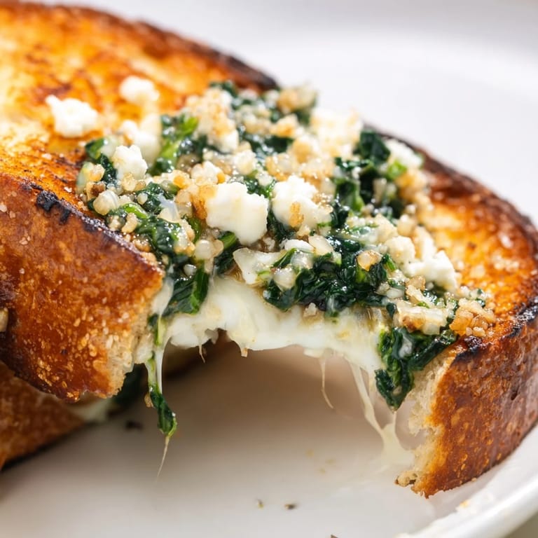 Two halves of a warm Feta & Spinach Stuffed Grilled Cheese resting on a checkered napkin, steam rising from the savory, melted interior.