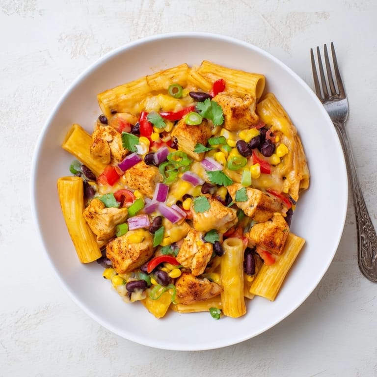 One-pan meal featuring seasoned chicken, penne pasta, and melted cheese in a zesty tomato sauce.