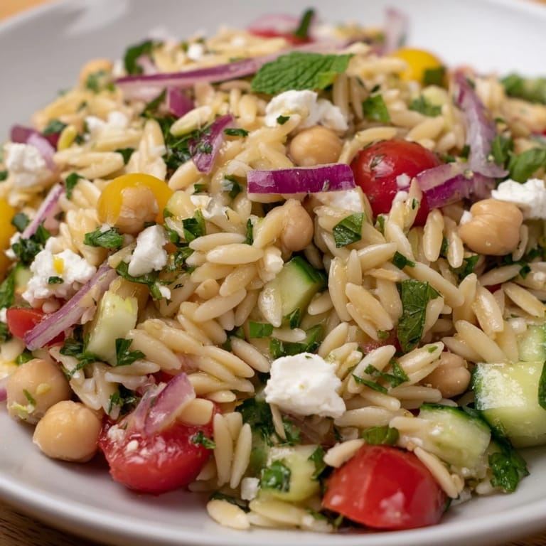 A top-down view of Lemony Chickpea Orzo Salad, topped with crumbled feta and garnished with mint, perfect for a summer picnic or light lunch.