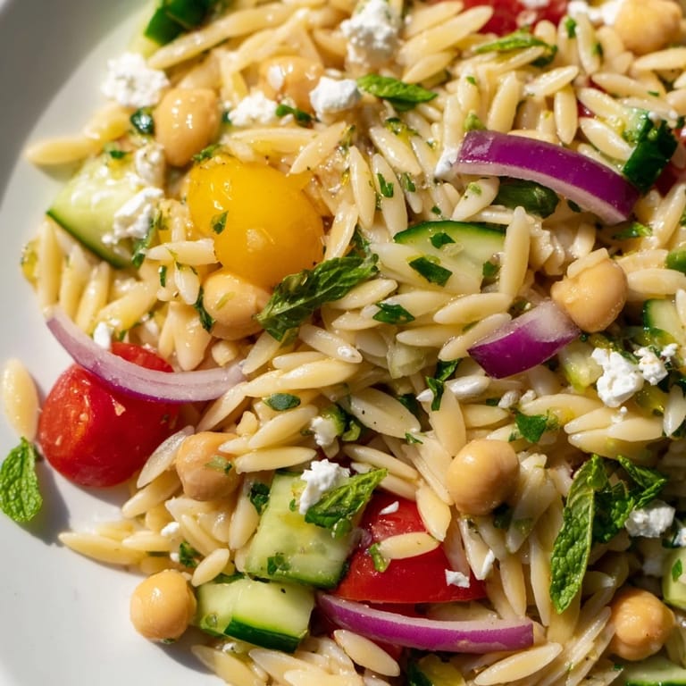 Close-up of Lemony Chickpea Orzo Salad, highlighting tender orzo pasta, protein-rich chickpeas, and fresh parsley in a glistening, citrusy dressing.