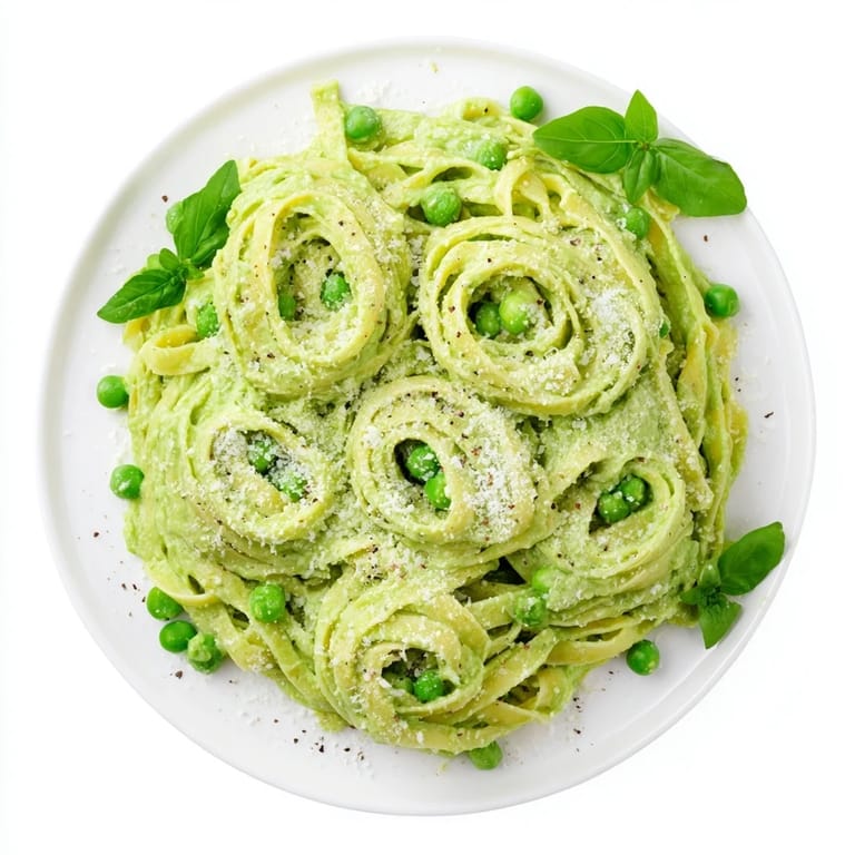 Warm green pea Alfredo pasta garnished with basil and cracked black pepper on a rustic plate.