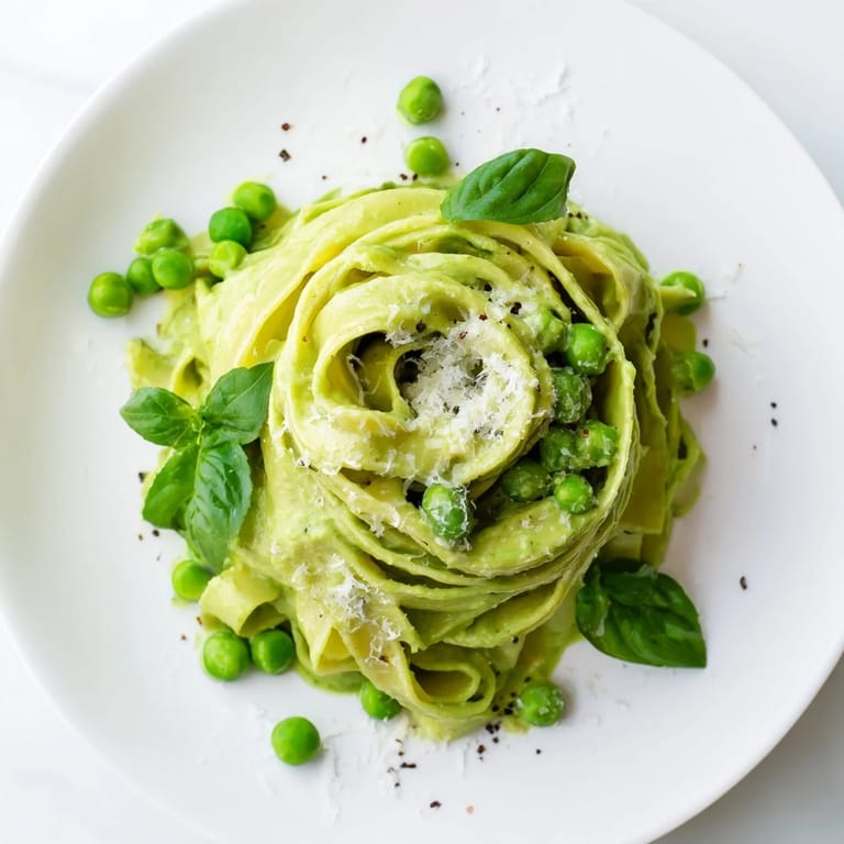 Velvety green pea Alfredo sauce coats fettuccine in a skillet, ready to serve for dinner.  