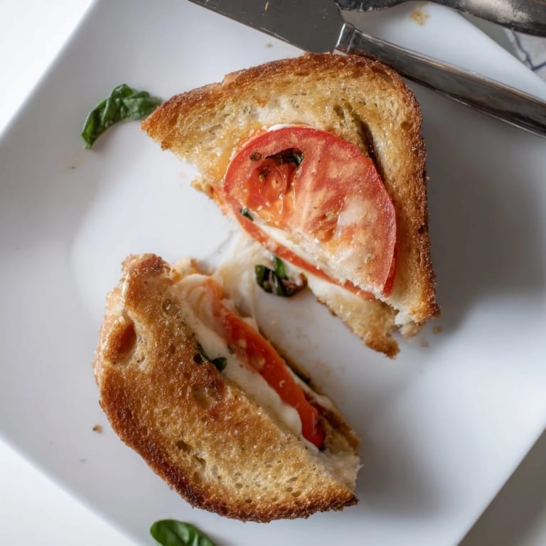 A vegetarian Italian-American sandwich recipe served halved on a plate, garnished with fresh basil.