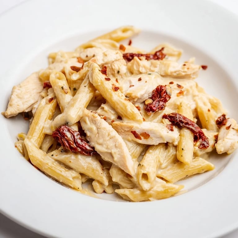 A close-up view of Creamy Sun-Dried Tomato Chicken Pasta, garnished with fresh basil and a generous sprinkle of Parmesan cheese.