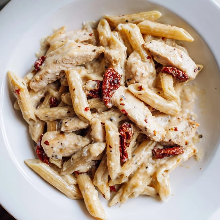 Steam rises from a skillet of Creamy Sun-Dried Tomato Chicken Pasta, showcasing tender chicken and vibrant red tomatoes mingling in the luscious sauce.