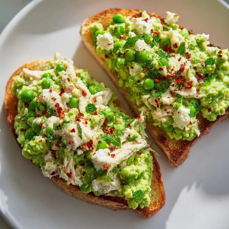 Warm open-faced sandwich with tender chicken, zesty lemon pea mixture, and chili heat on toasted bread.