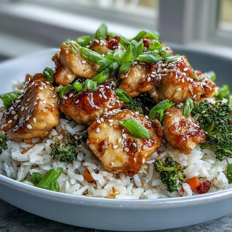 Tender chicken and crisp broccoli over steamed rice, garnished with sesame seeds and sliced green onions for a fresh finish.