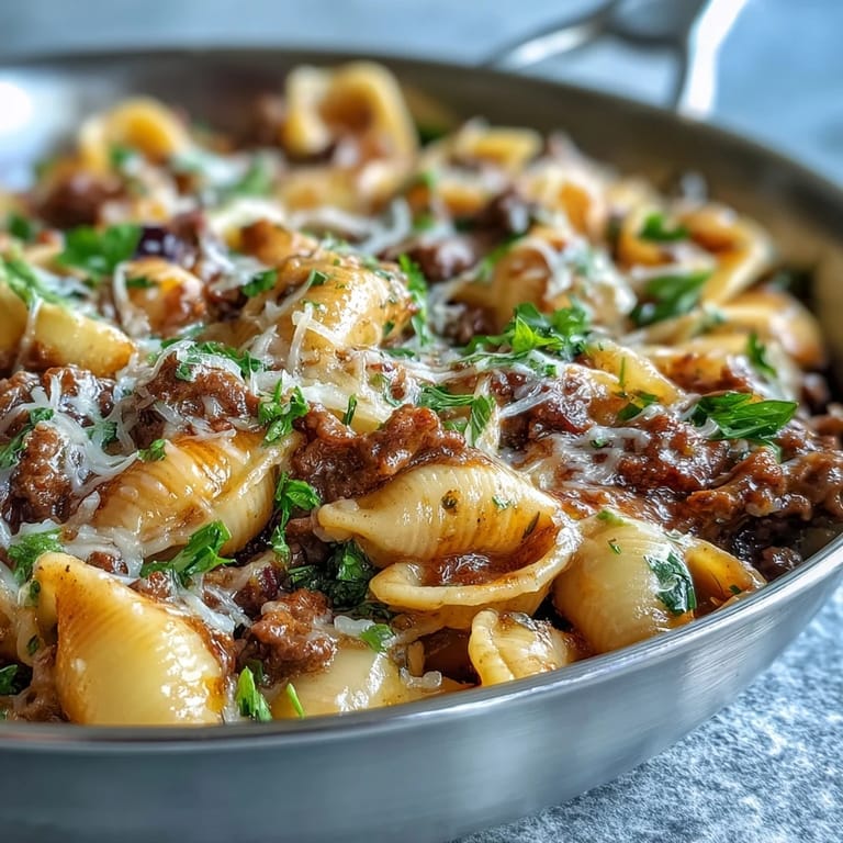 Sizzling ground beef and onions in a skillet, ready to simmer the One Pot Creamy Beef and Shells pasta to perfection.