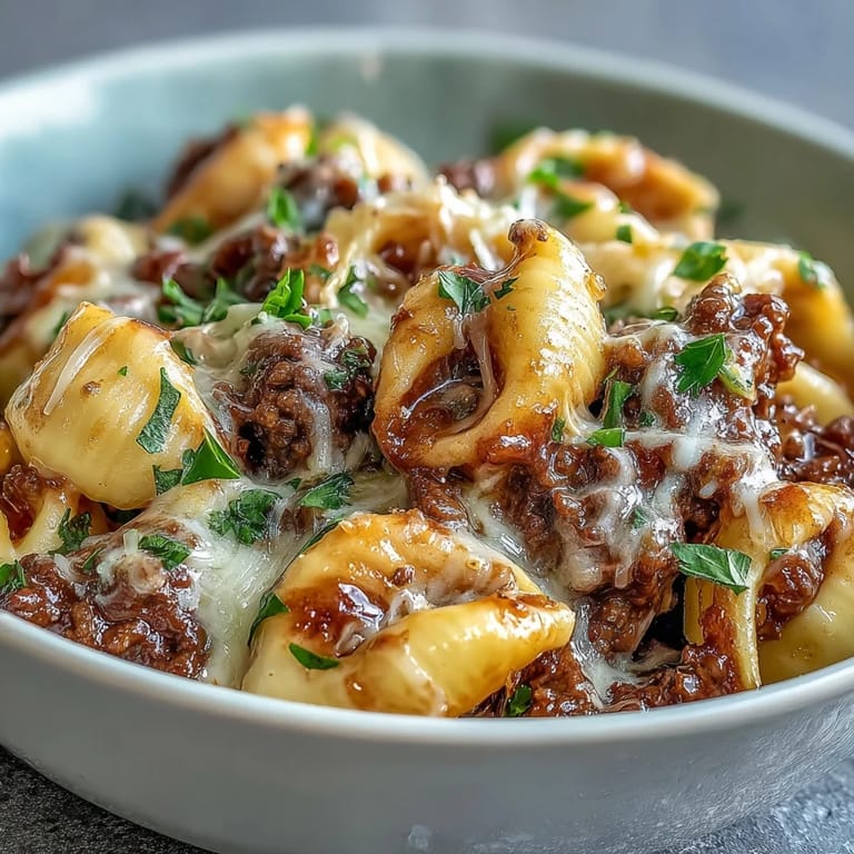Cheesy One Pot Creamy Beef and Shells garnished with fresh parsley, served hot as a hearty weeknight family dinner.