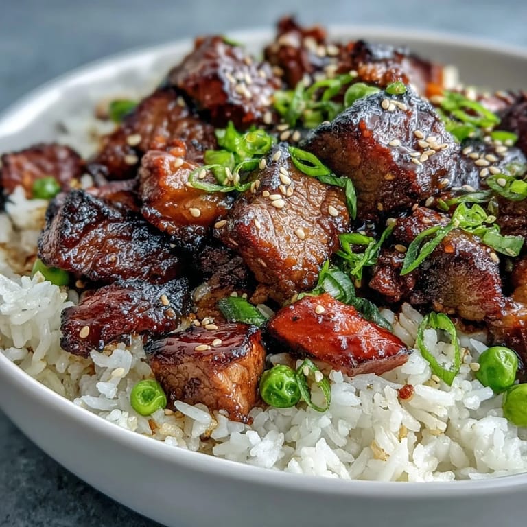 A close-up of Easy Hibachi Steak With Fried Rice featuring tender beef, fluffy rice, peas, and carrots, garnished with fresh green onions.