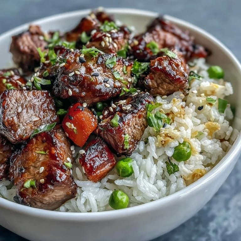 Golden-brown Easy Hibachi Steak With Fried Rice served family-style in a skillet, perfect for a quick and flavorful weeknight dinner.