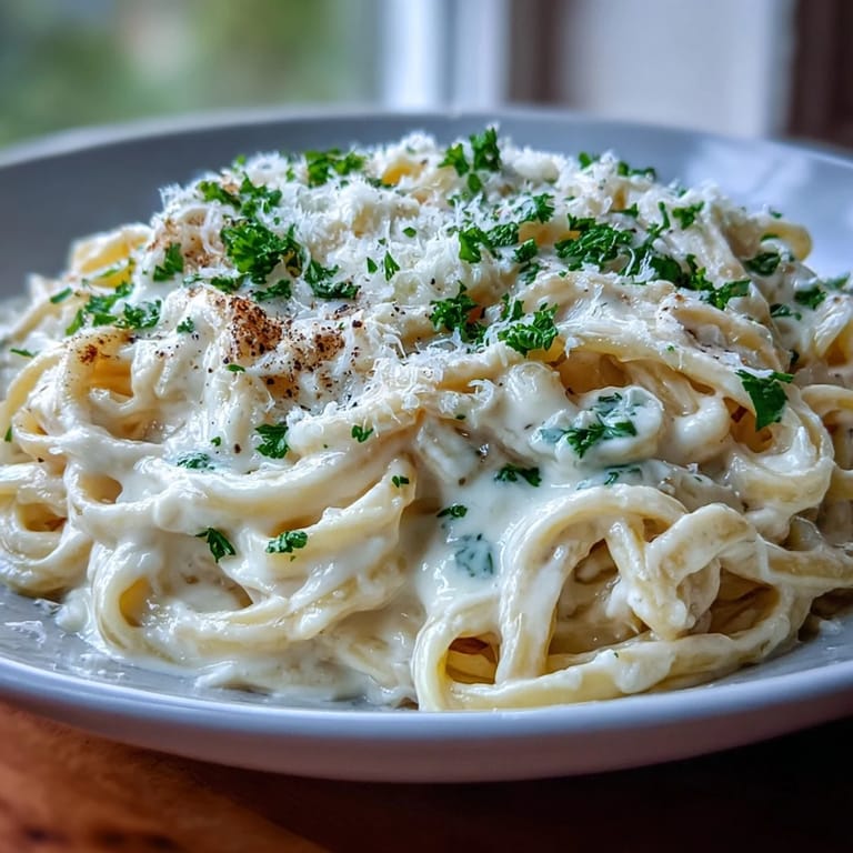 Steam rises from a plate of Easy Creamy Cauliflower Alfredo, highlighting the velvety sauce and Parmesan.