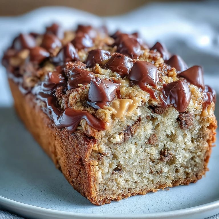 Homemade Chocolate Chip Peanut Butter Oatmeal Banana Bread in a loaf pan, showcasing a golden-brown crust and hearty texture.