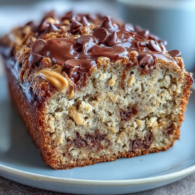 A close-up of Chocolate Chip Peanut Butter Oatmeal Banana Bread revealing oats, peanut butter swirls, and melted chocolate chips.