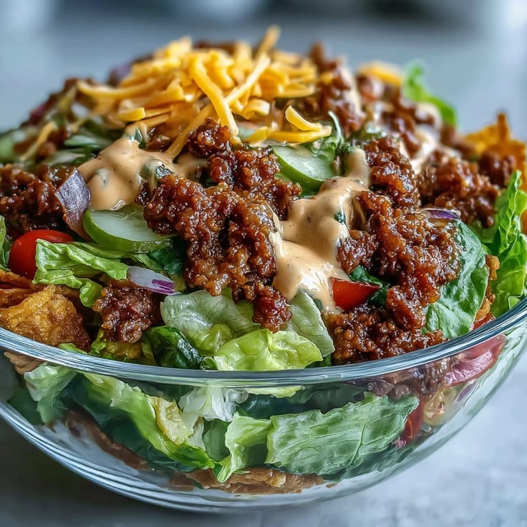 Serving suggestion for Easy Big Mac in a Bowl: a gluten-free deconstructed burger bowl topped with pickles, onions, and tomatoes for a fresh, crunchy meal.