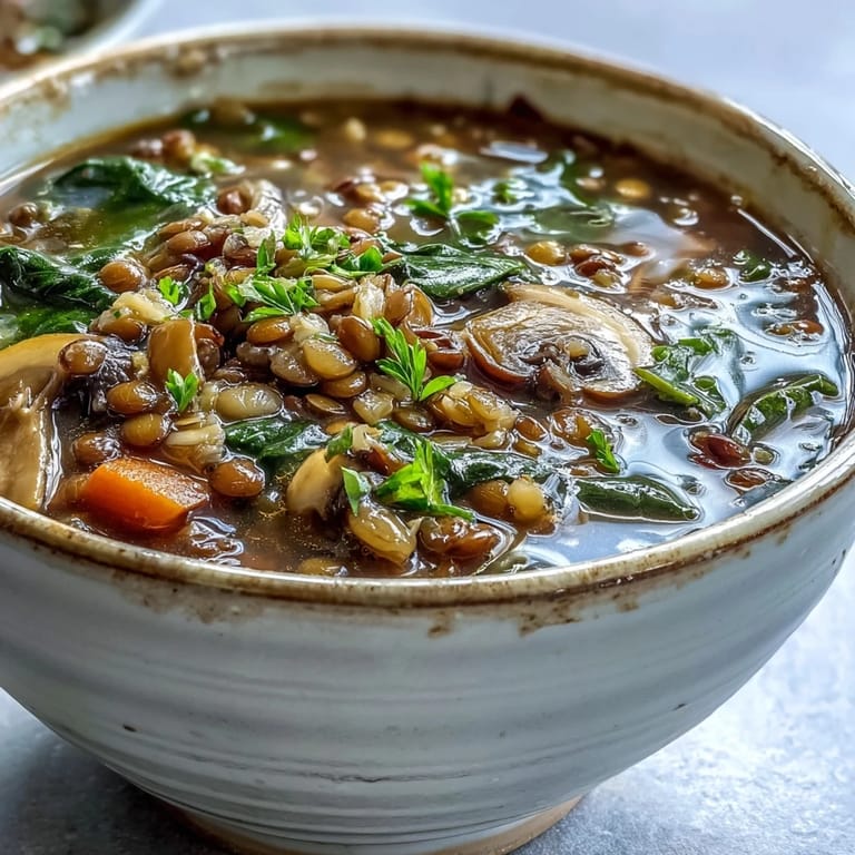 Close-up of simmering Double Lentil and Mushroom Barley Soup, highlighting the rich broth, hearty grains, and fresh parsley garnish.