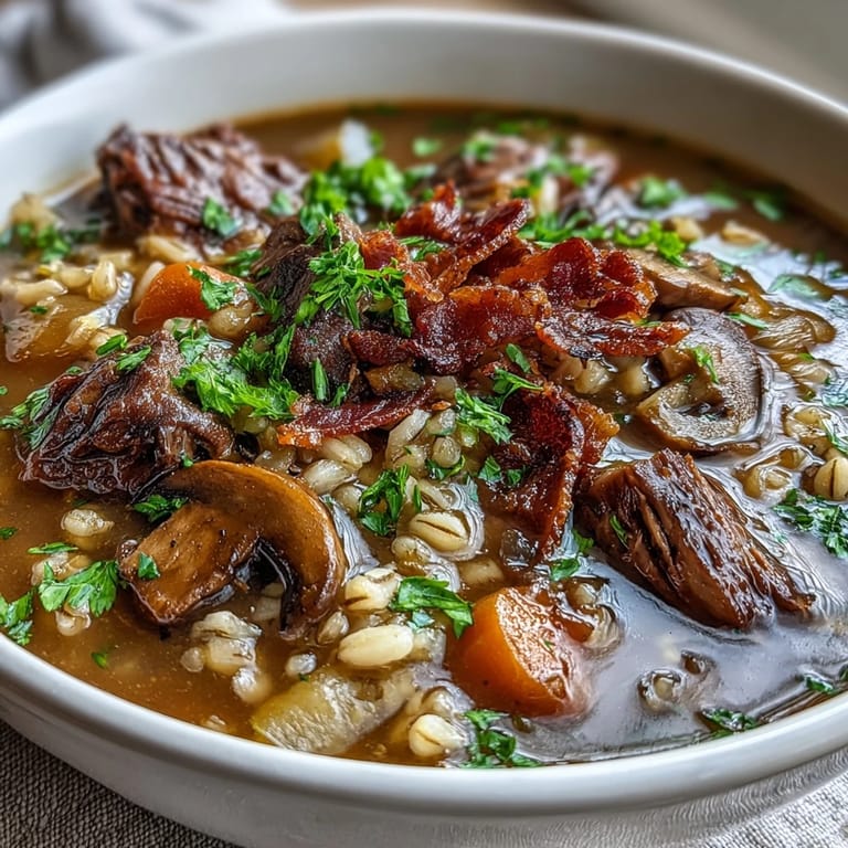 Close-up of Beef and Barley Soup with Mushrooms, featuring diced carrots, celery, and pancetta for a comforting, rustic meal.