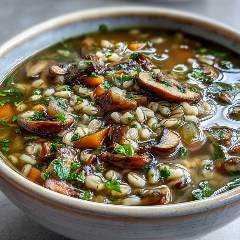 Mushroom barley soup ladled from a heavy pot, garnished with fresh parsley, carrots, and celery in a cozy kitchen.
