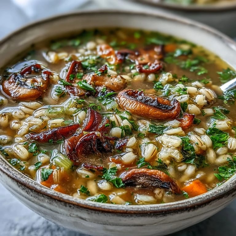 Hearty American deli-style mushroom barley soup served in a rustic ceramic bowl, ready to be enjoyed with rye bread.