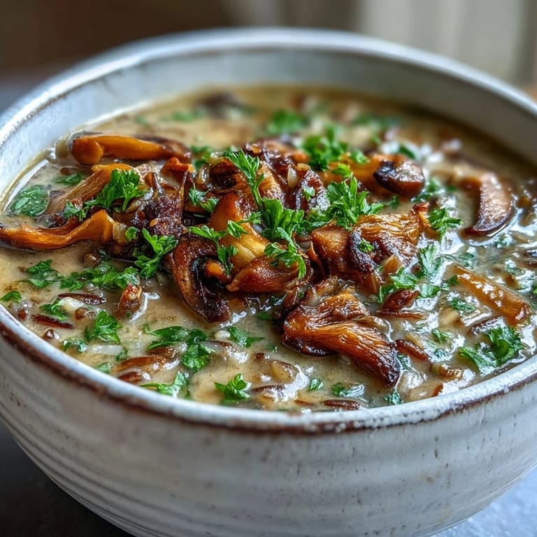 Creamy vegetarian Wild Rice Mushroom Soup in a white ceramic bowl, garnished with thyme and showcasing rich mushrooms.
