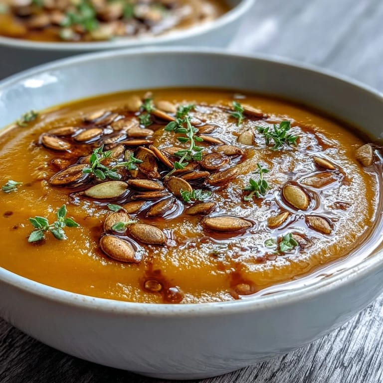 This roasted butternut squash soup shows a cozy autumn meal served with a side of crusty bread.  