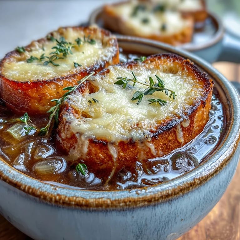 Golden French Onion Soup bubbling with caramelized onions and savory beef broth.
