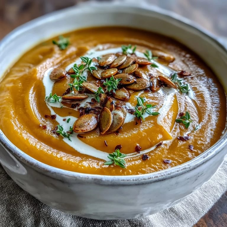 Creamy Roasted Butternut Squash Soup in a white ceramic bowl, topped with pumpkin seeds and drizzled with heavy cream.