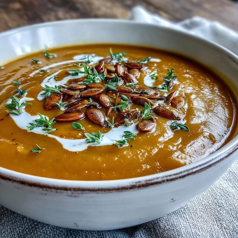 Roasted Butternut Squash Soup with vibrant orange hue, served alongside crusty bread on a wooden table.