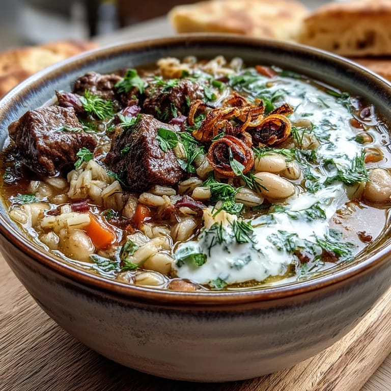 Hearty Beef Barley Soup simmered with lentils and served with crusty bread for dipping.