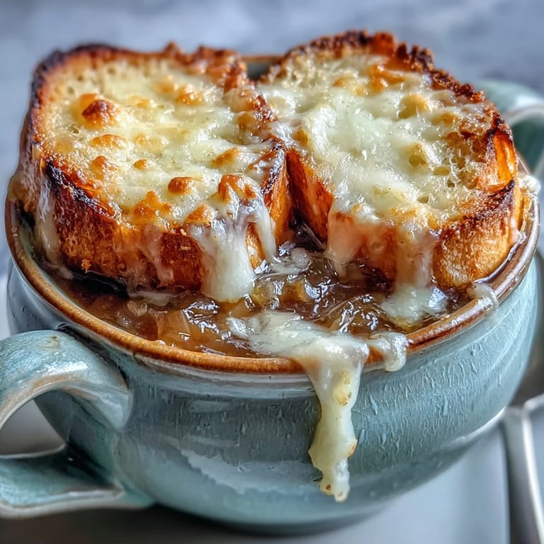 Classic French Onion Soup steams from an oven-safe bowl, revealing a savory broth, melted cheese, and toasted bread for a comforting meal.