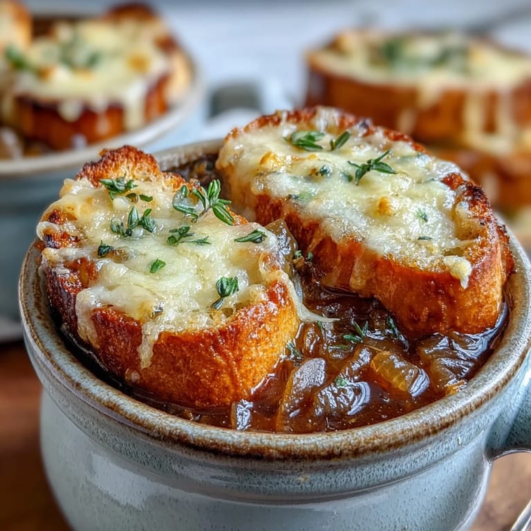 Close-up of classic French Onion Soup under melted cheese and toasted bread.