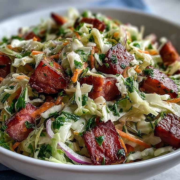 Hearty German Cabbage Coleslaw With Shredded Ham paired with grilled bratwurst and mustard on a plate for a classic German-inspired meal.