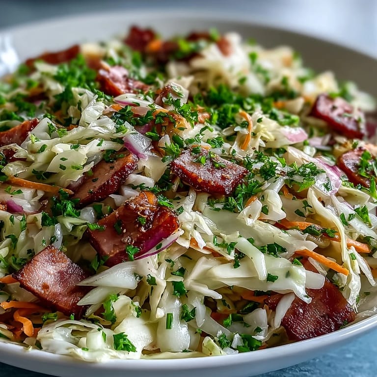 A close-up of German Cabbage Coleslaw With Shredded Ham shows shredded carrots and fresh parsley garnish on a rustic wooden serving board.