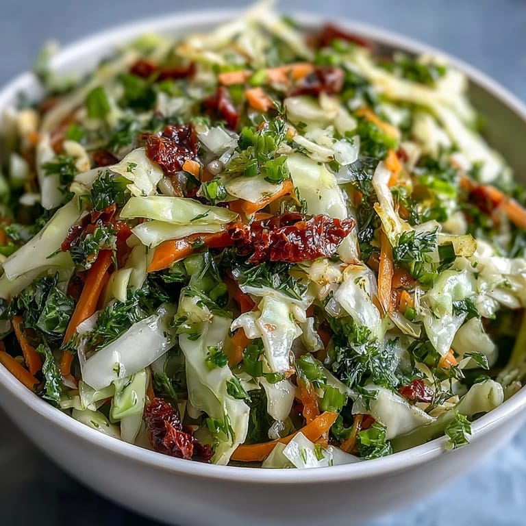 Freshly tossed Cabbage Salad With Sundried Tomatoes topped with parsley and chives, perfect for serving alongside grilled chicken or fish at a family dinner.