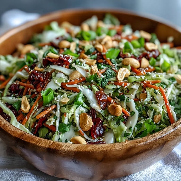 Crunchy Asian Cabbage Salad topped with roasted cashews and sesame seeds, tossed in a sesame-ginger dressing. 