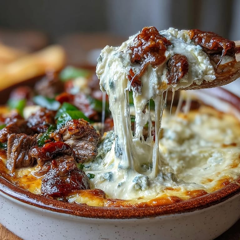 Creamy Philly Cheesesteak Dip in a white baking dish, garnished with fresh herbs, paired with sturdy tortilla chips.