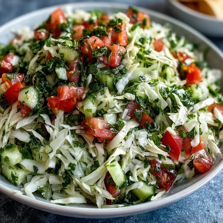 Chopped cucumbers and green onions add crunch to this refreshing Lebanese Cabbage Salad, served in a rustic white bowl for a light meal.