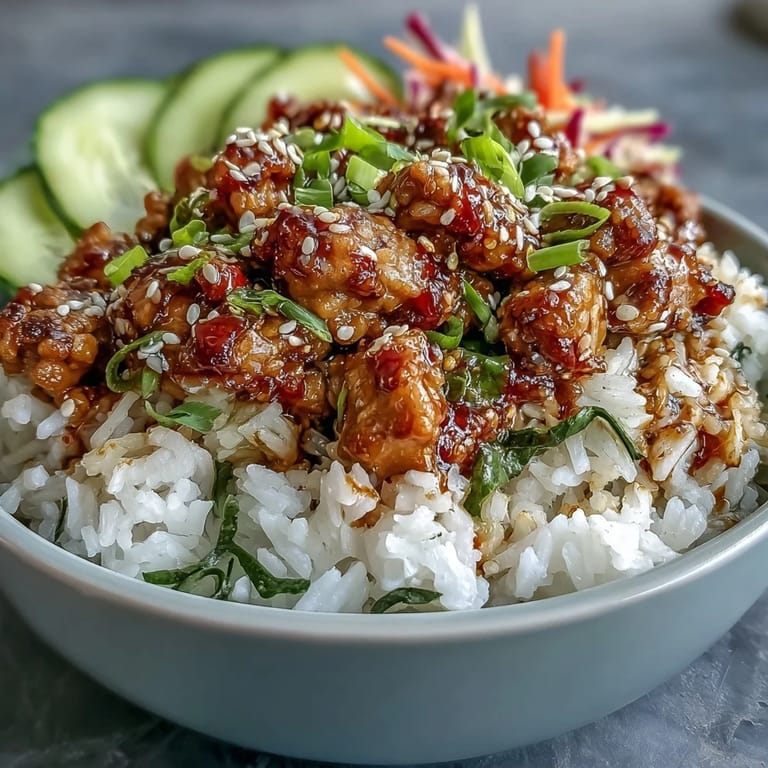 Bang Bang Ground Turkey Rice Bowls are drizzled with creamy chili mayo sauce and topped with sesame seeds and scallions.