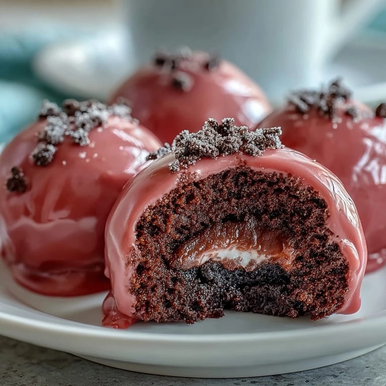 Three Oreo Truffle Balls with Pink Candy Coating on a marble board, perfect for parties and festive dessert trays.