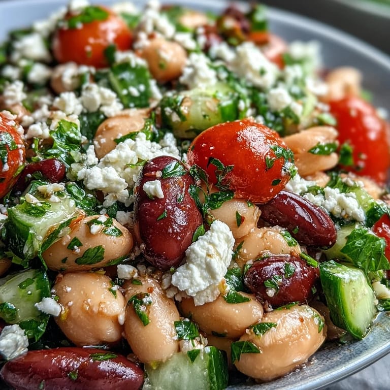 Colorful Greek Bean Salad mixed with beans, diced cucumbers, halved tomatoes, and red onion, topped with creamy feta on a rustic table.